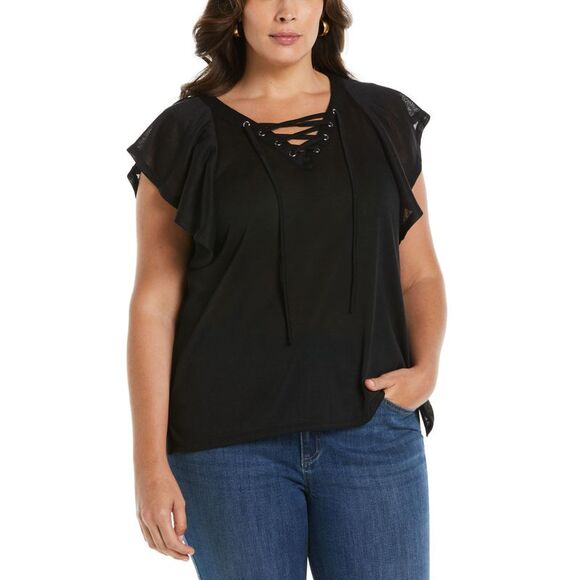 Plus Size Lace-Up Flutter Short Sleeve Top - Picture 1 of 1